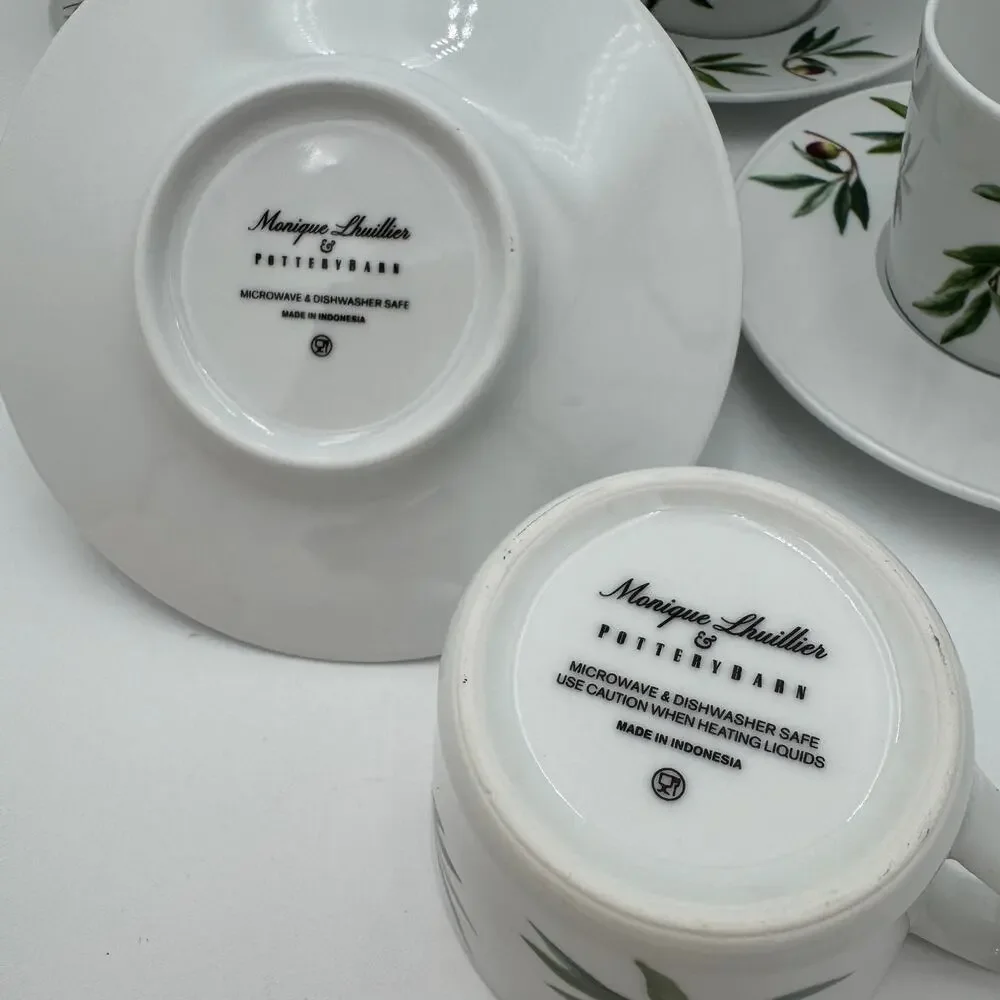 Pottery Barn Monique Lhuillier Olive Orchard 4 Cups and 4 Saucers